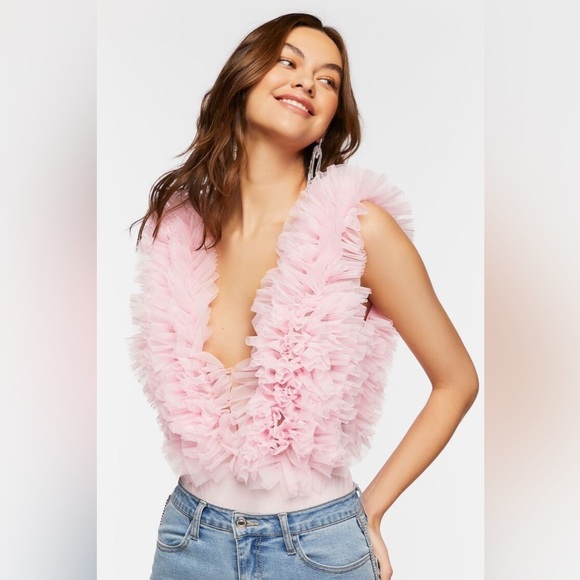 Ruffle tulle plunging neckline bodysuit nwot - Picture 2 of 6